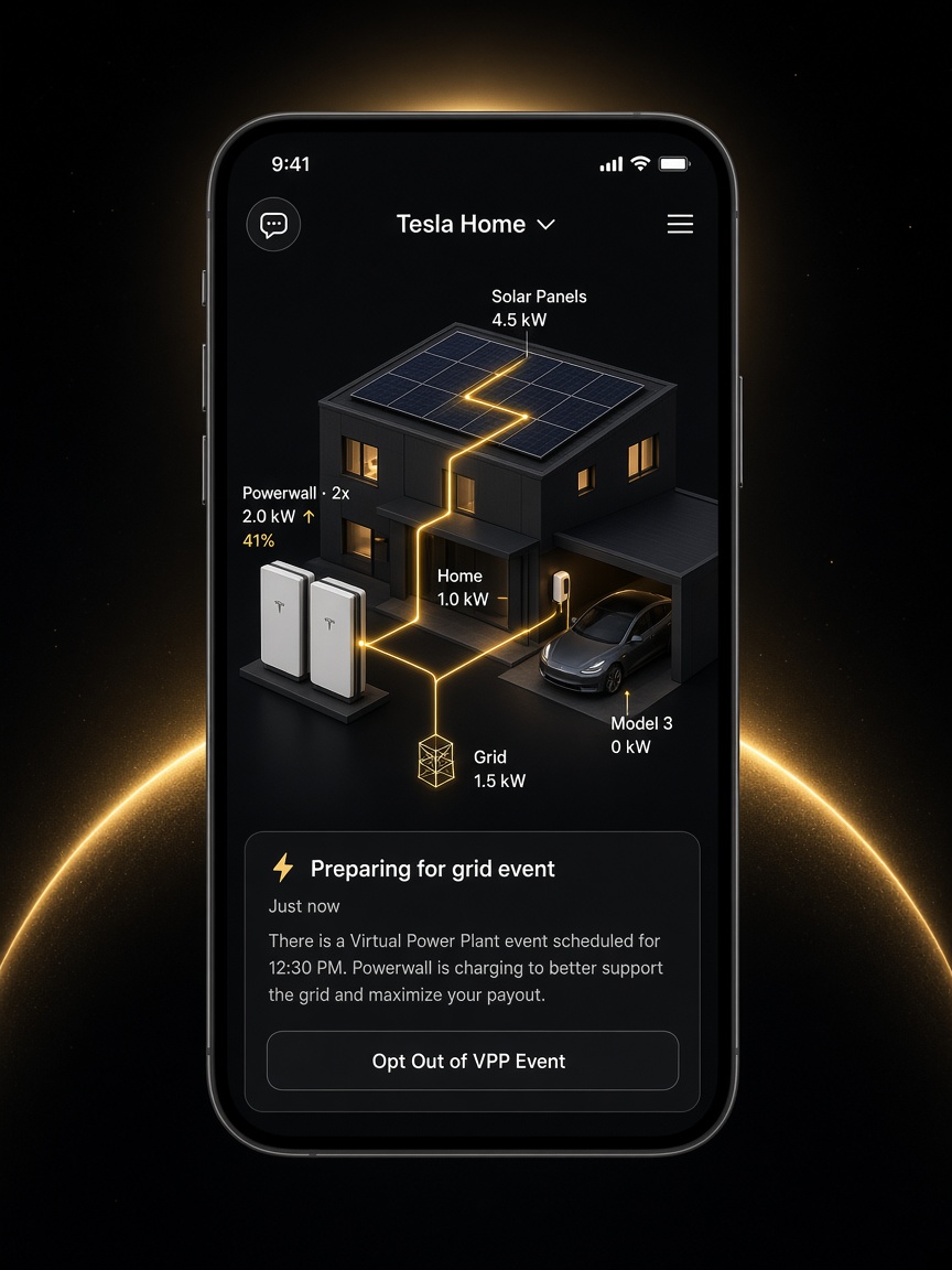 Tesla Home app on a phone showing live home energy flows—solar, home load, two Powerwalls charging, grid, and a parked vehicle—plus a Home Status card preparing for a Virtual Power Plant grid event.