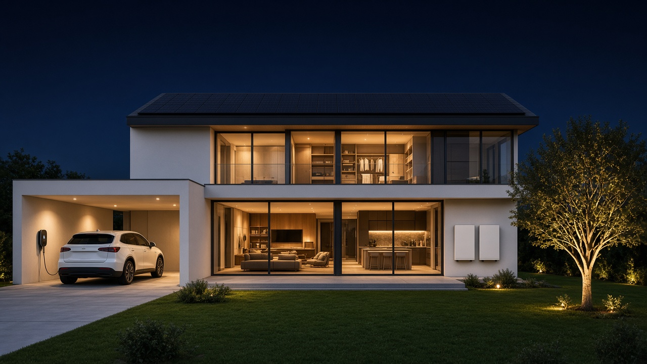 Night view of a modern home with a solar roof, two wall-mounted home batteries, and an electric vehicle charging in the carport—solar generation, storage, and charging as one residential energy system.